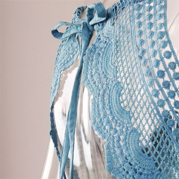 NEW! Blue Crochet Lace Ruffled Halter Mini Dress - Picture 9 of 11
